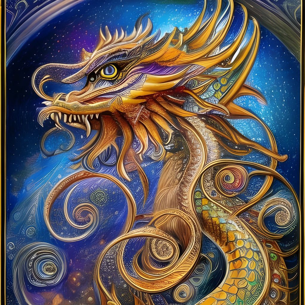 Detailed Sketch of Eastern Dragon Stargazer in Art Deco