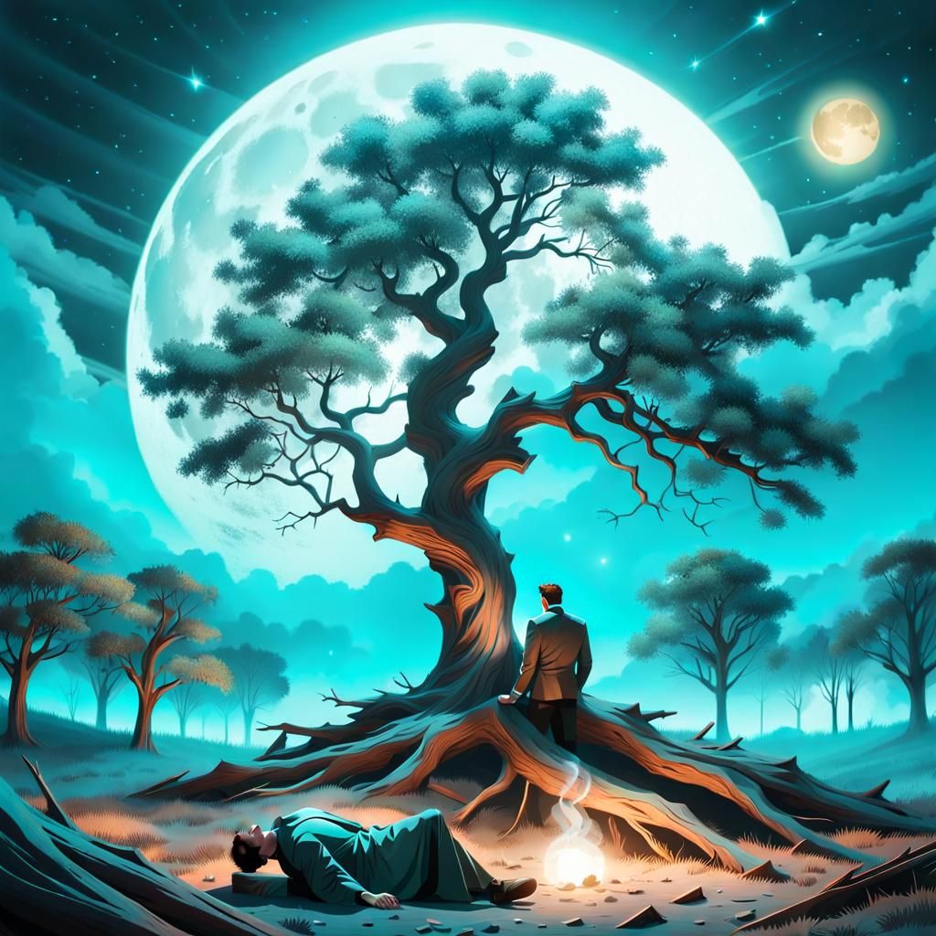 Surreal Moonlit Scene with Man and Dead Trees