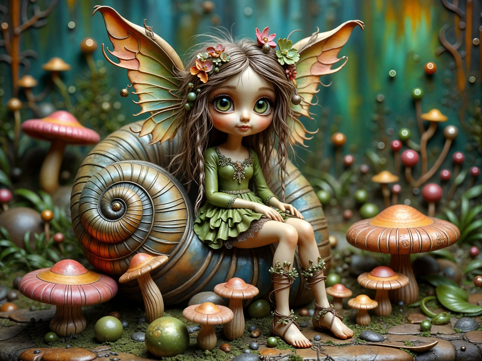 Whimsical Clay Pixie Doll in Dark Fantasy World