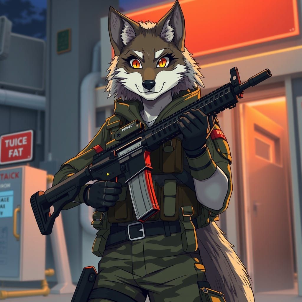 Wolf Girl Guard on Military Duty in Anime Style