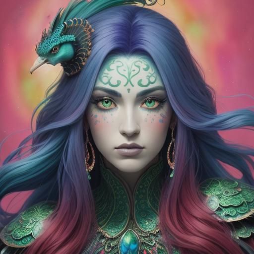 Dragon Woman Portrait with Peacock Feathers, Anime Style
