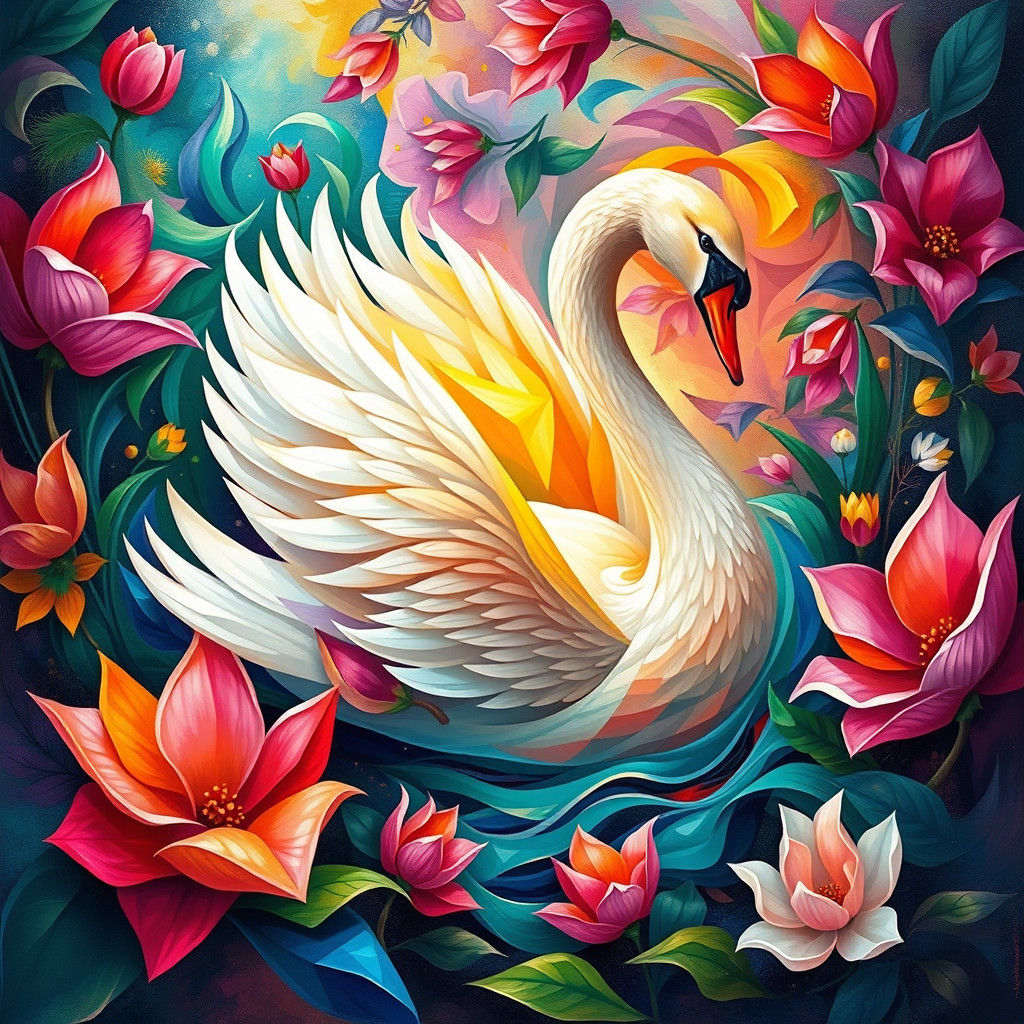 Swan in Cubist Style with Art Deco Elements