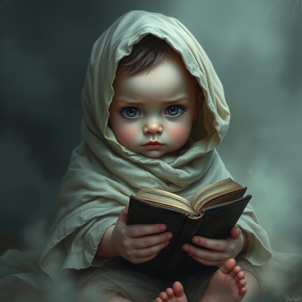 Ethereal Child in Tattered Shawl Sits Amongst Whispering Mis...