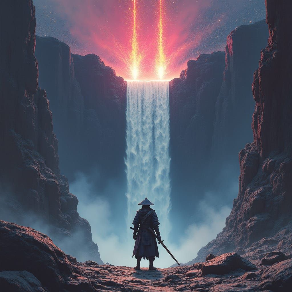 Samurai Gazes at Exploding Stars in Cyberpunk Style