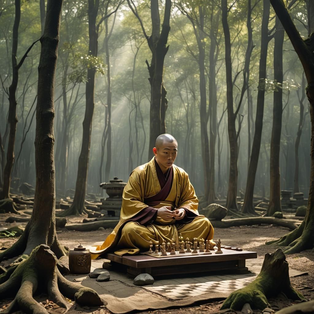 Monk in Ancient Woods Plays Chess