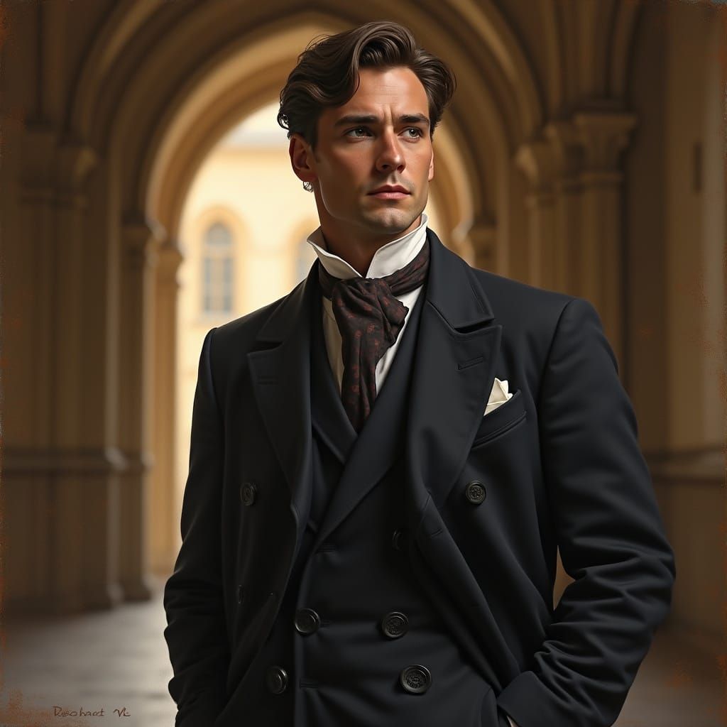 Elegant Gentleman in Regal Attire Stands Before a Softly Foc...