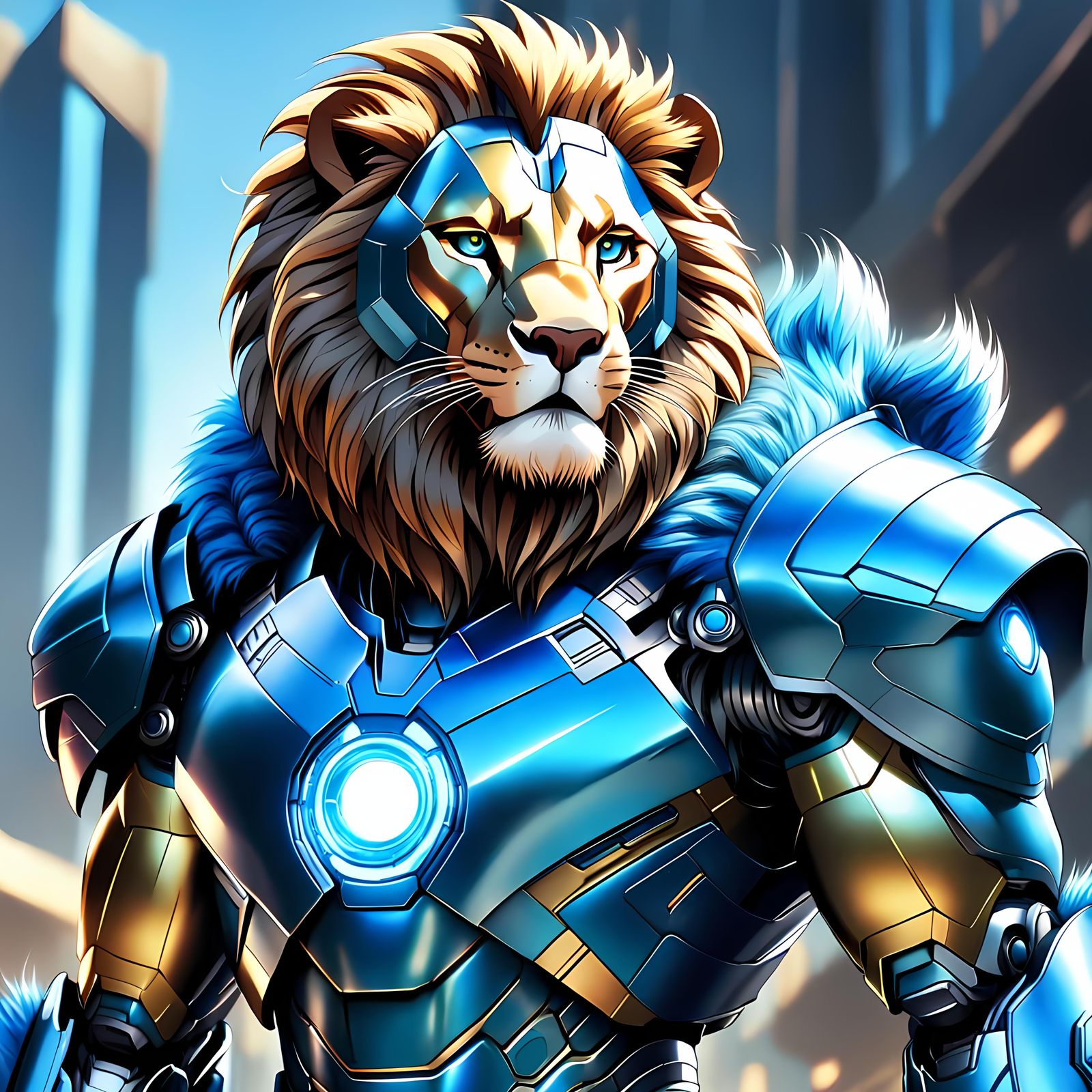 Armored Blue Lion in Anime Style