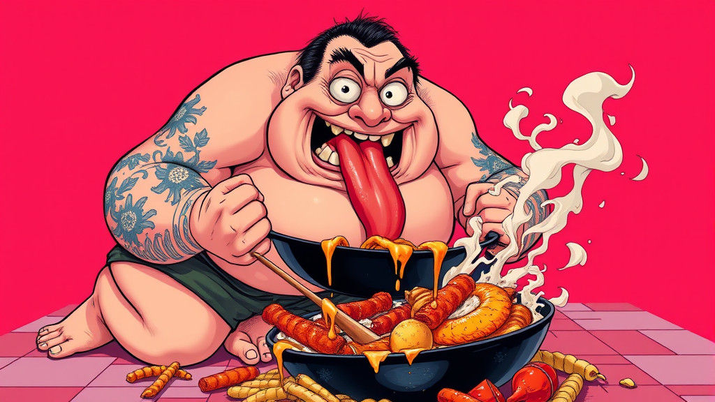 Gluttonous Man and Frying Pan in Anime Cartoon Style