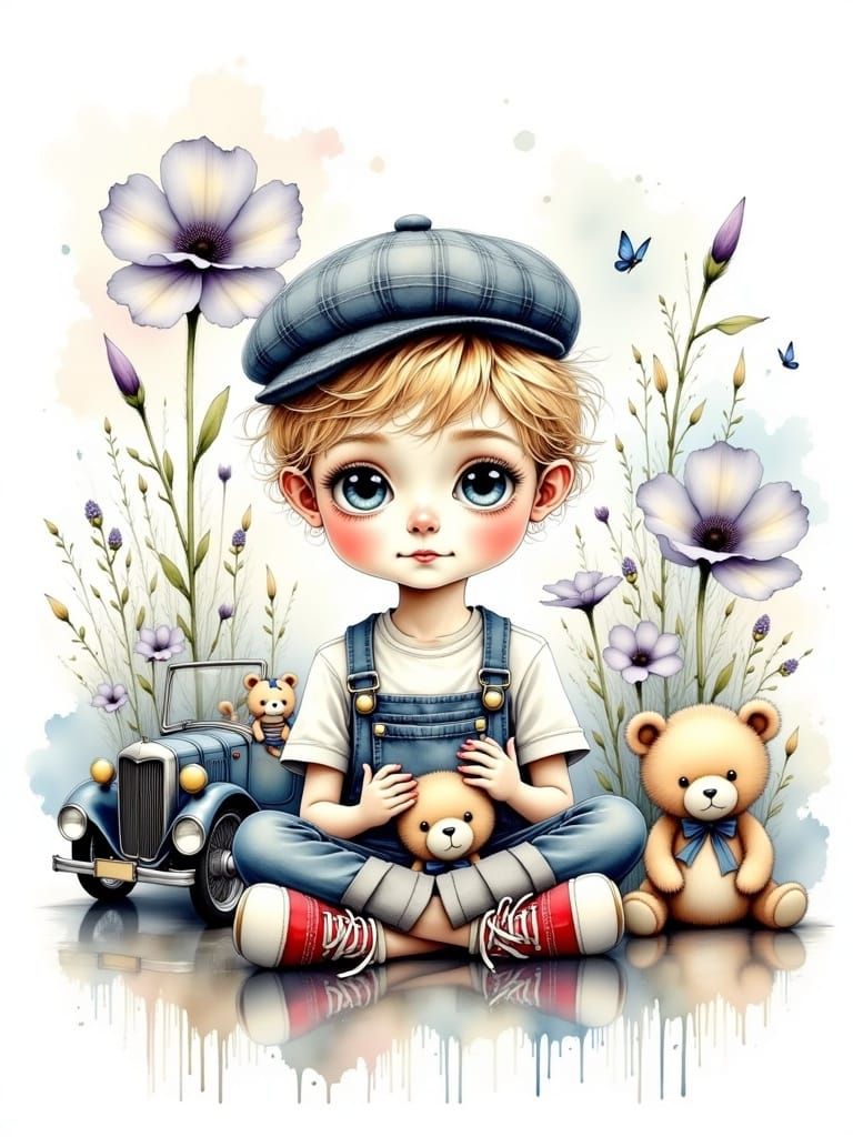 Whimsical Watercolor Boy with Teddy Bears