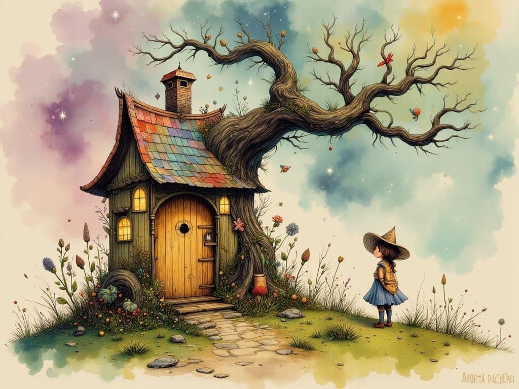 Dreamlike Girl with Crooked House Illustration