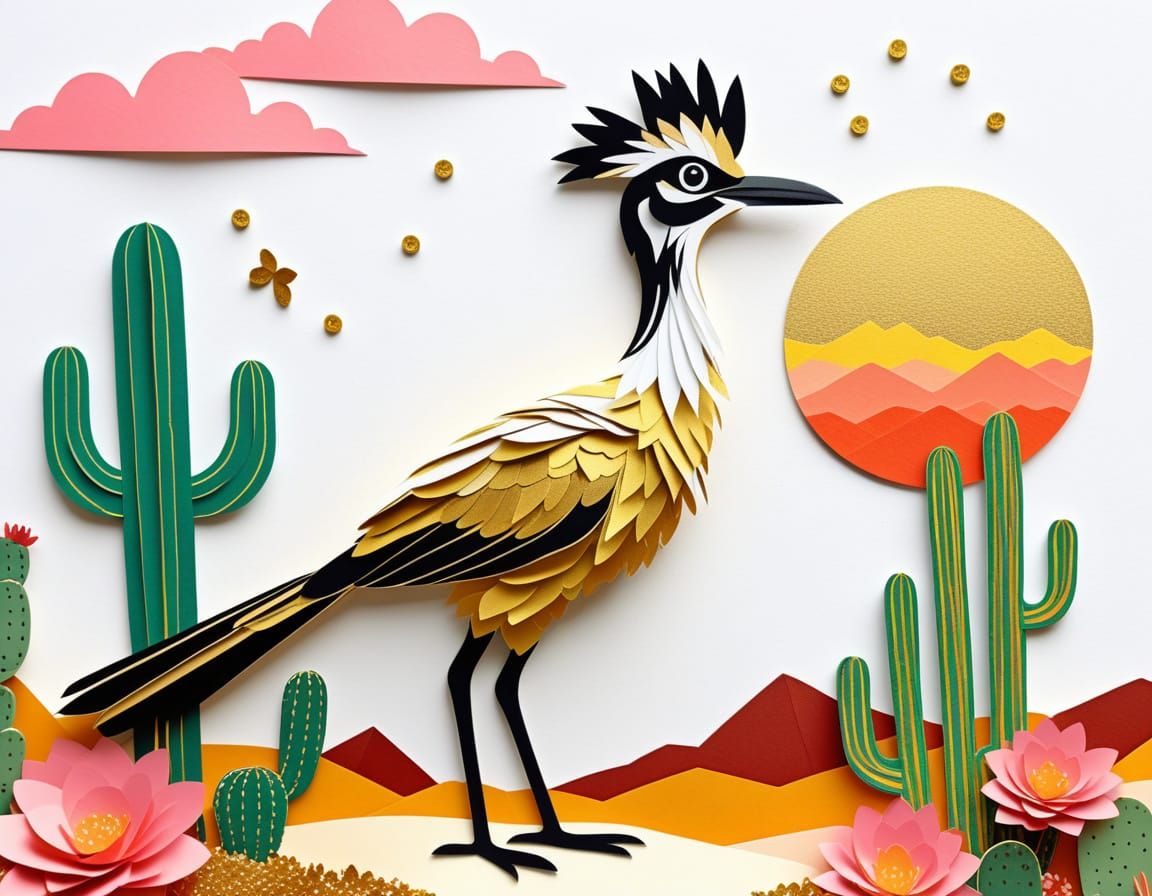Roadrunner Bird in Paper Desert Sunset