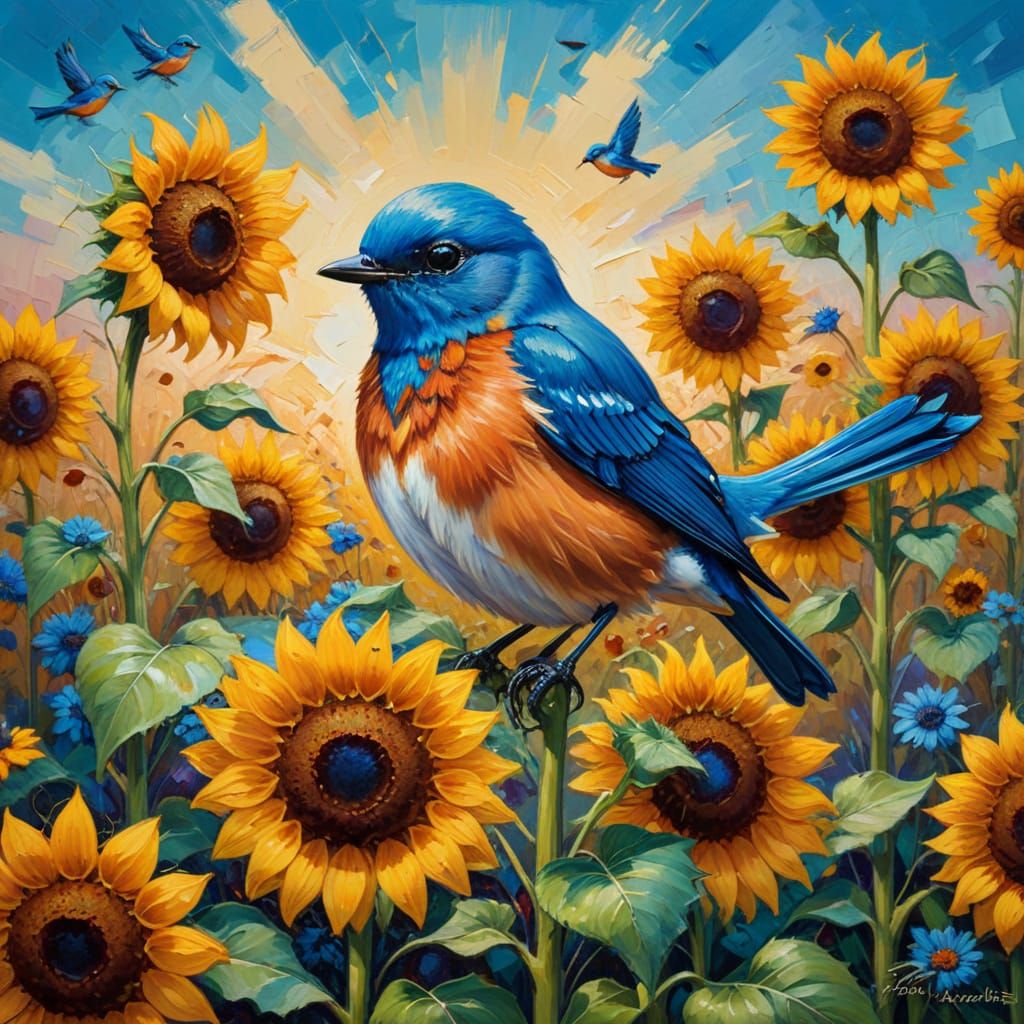 Vibrant Neo-Impressionist Bluebird Amidst Sunflowers