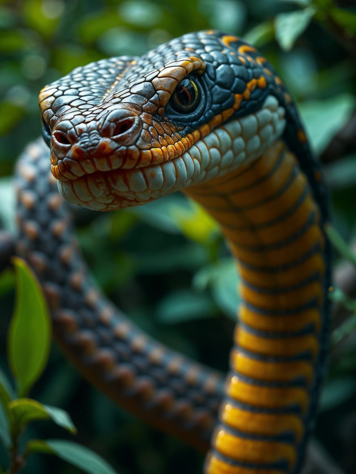 Vibrant Serpent Portrait in Jungle, Macro Photography