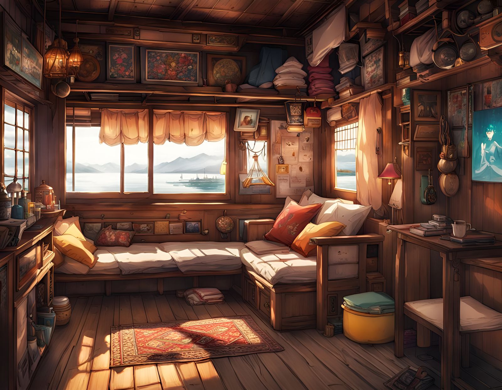 Cozy Kashmiri Houseboat Interior in Anime Style
