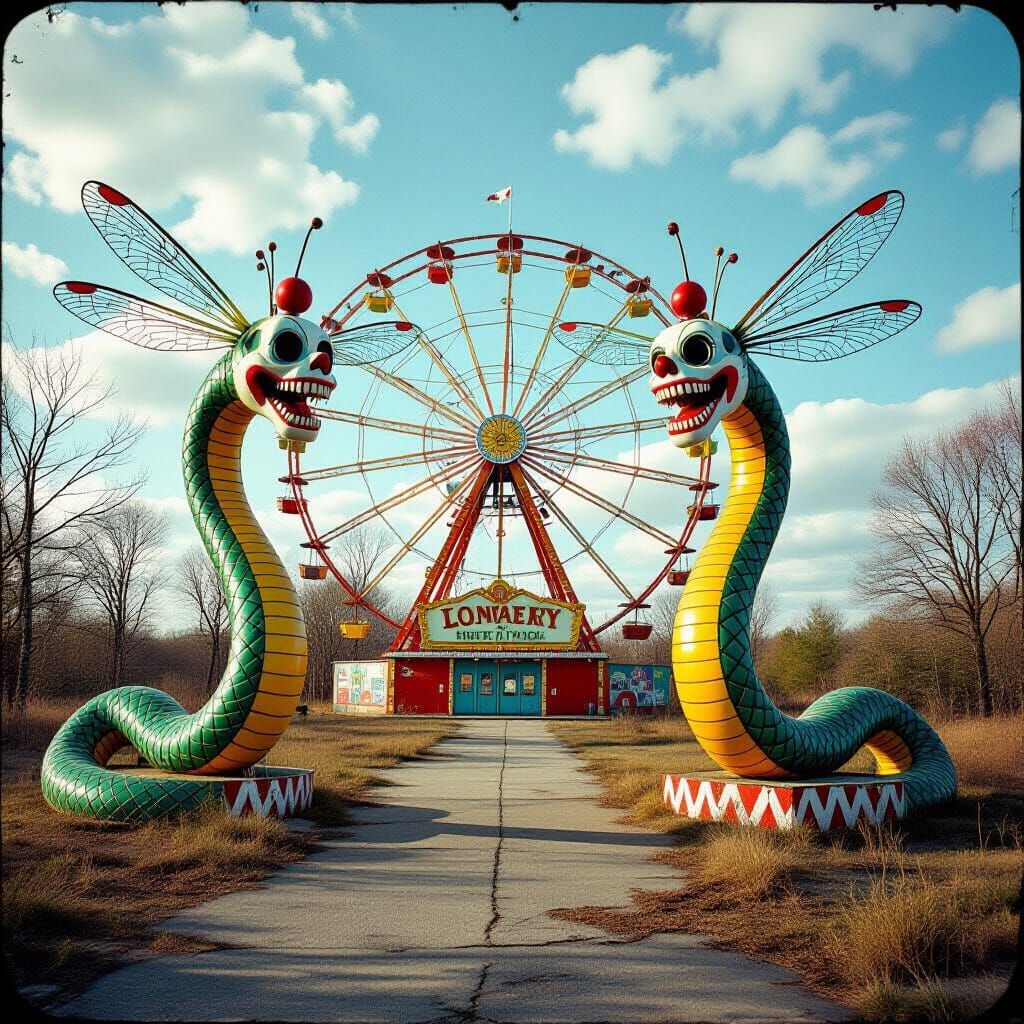 Abandoned Amusement Park Guarded by Skeletal Pythons