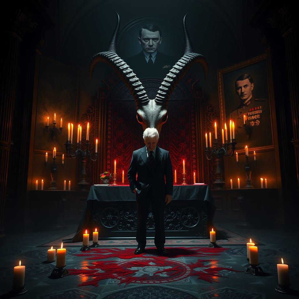 Bill Clinton worships at the bloody altar of The Baphomet a giant demonic goats skull is affixed to the black altar and ...