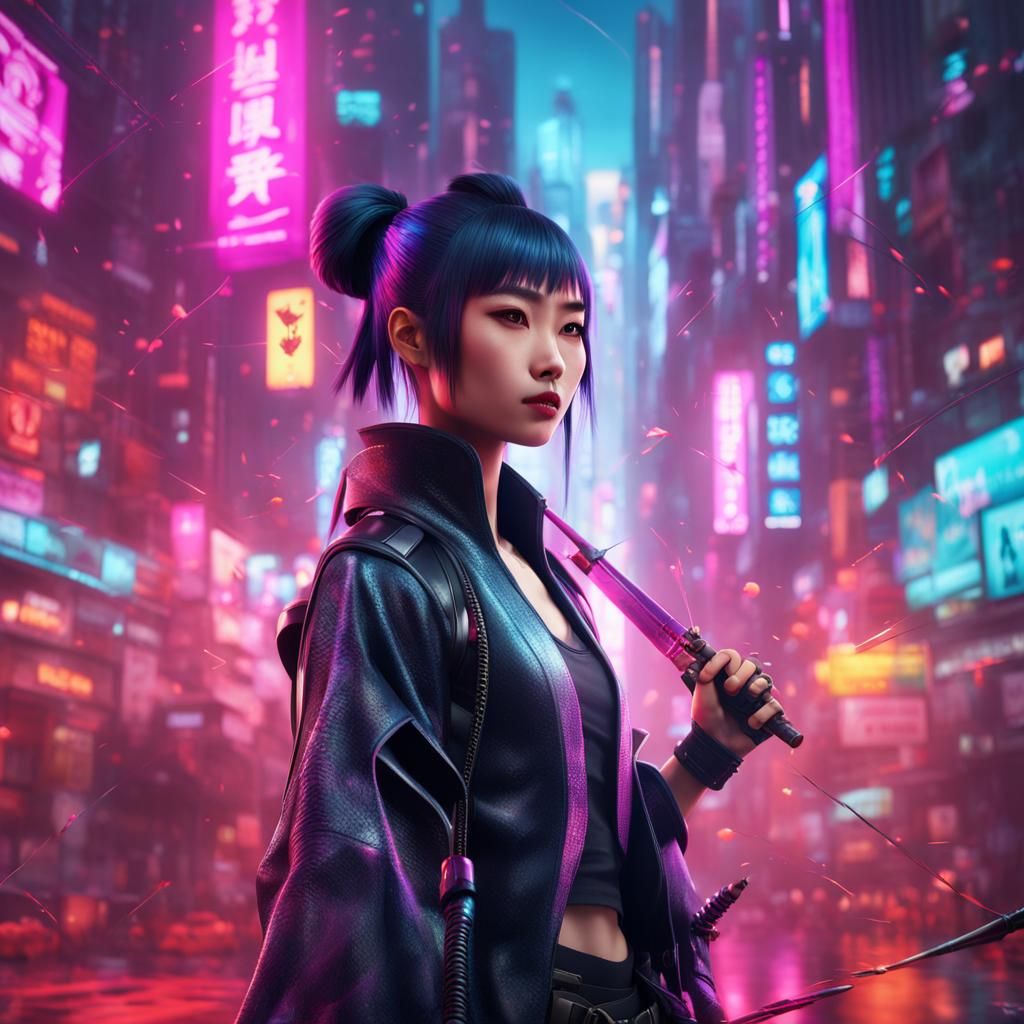 Cyberpunk Kunoichi Casting Spell in Mega City