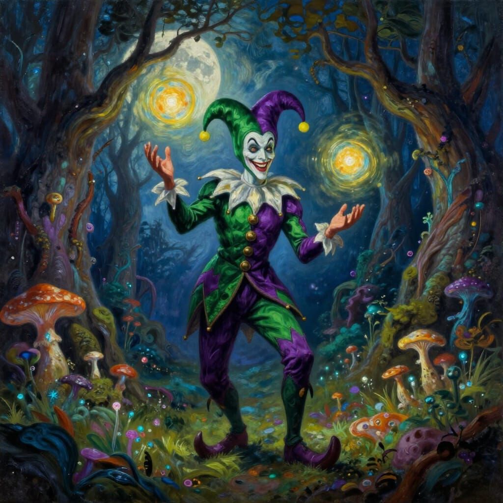 Mischievous Jester Juggling Lights in Enchanted Forest Oil P...