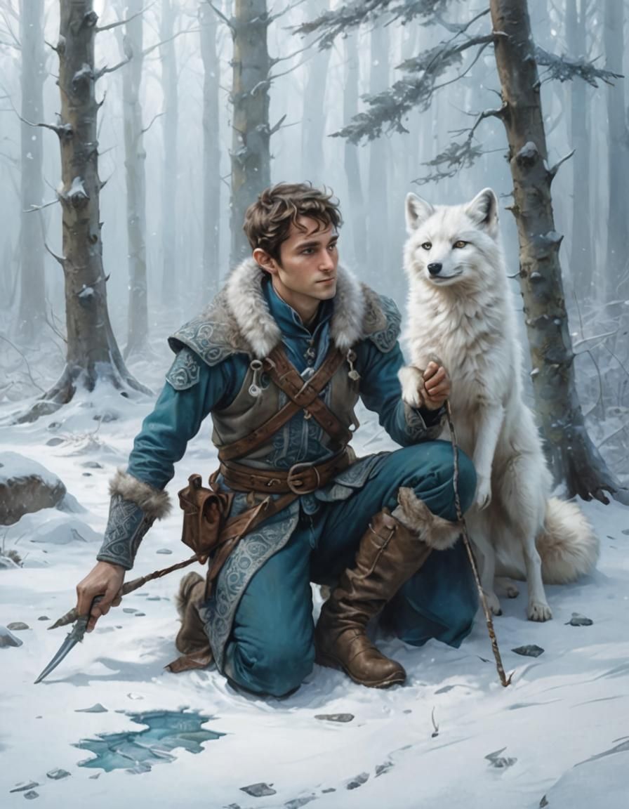 Elf and Arctic Fox in Winter Forest Watercolor