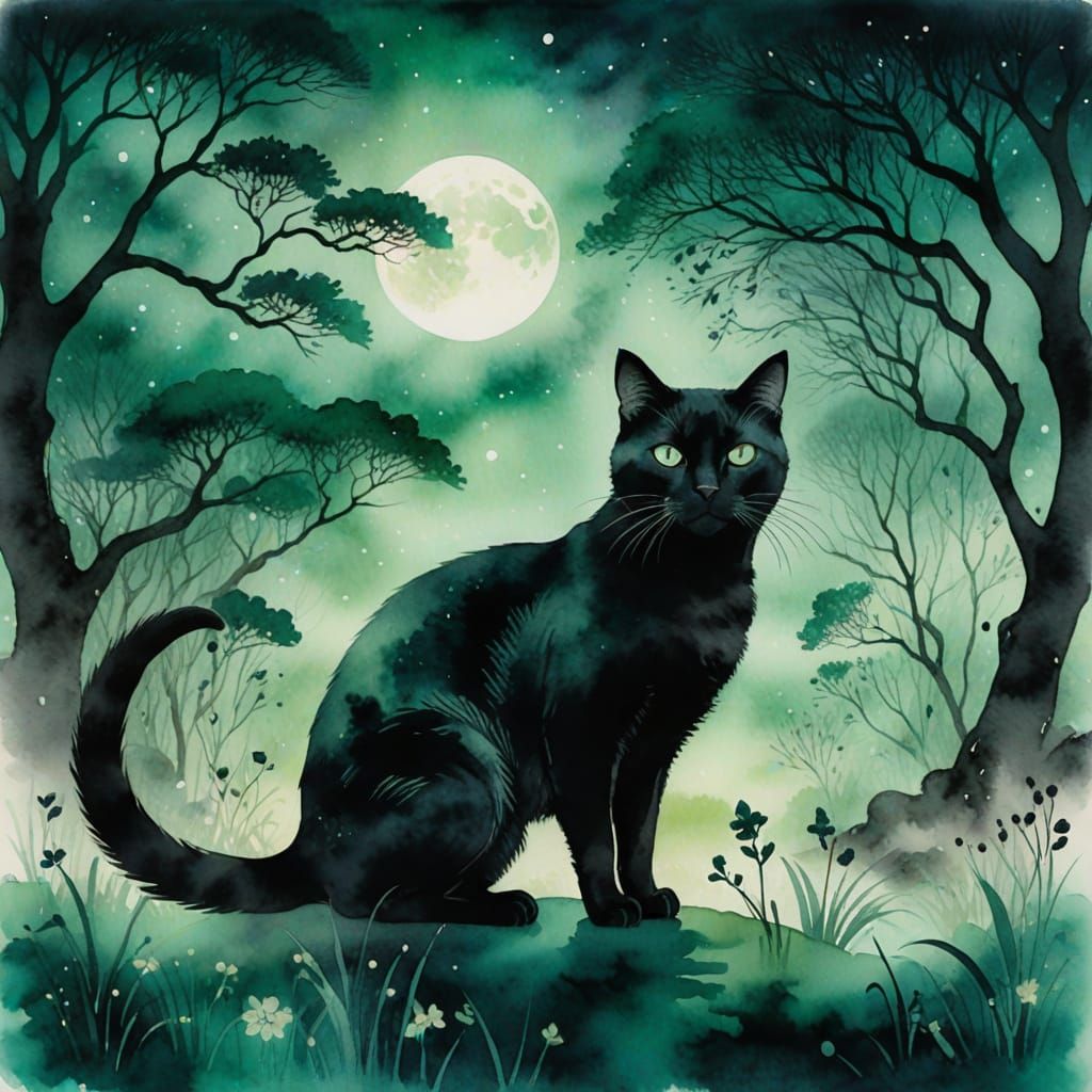 Black Cat in Dreamscape Ink Wash Painting