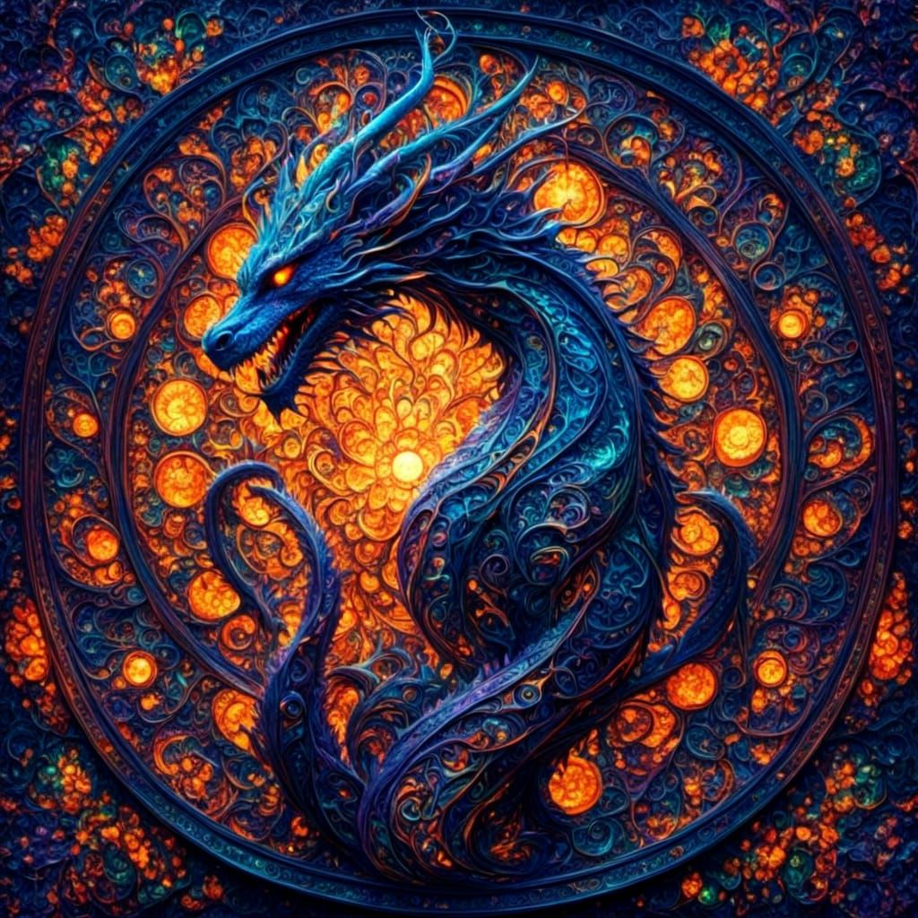 Fiery Dragon with Fractal Stained Glass Design