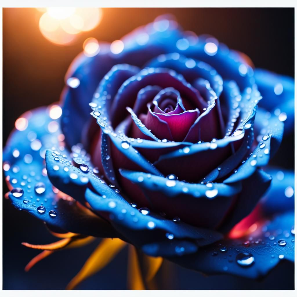 Cyberpunk Blue Rose with Water Droplets