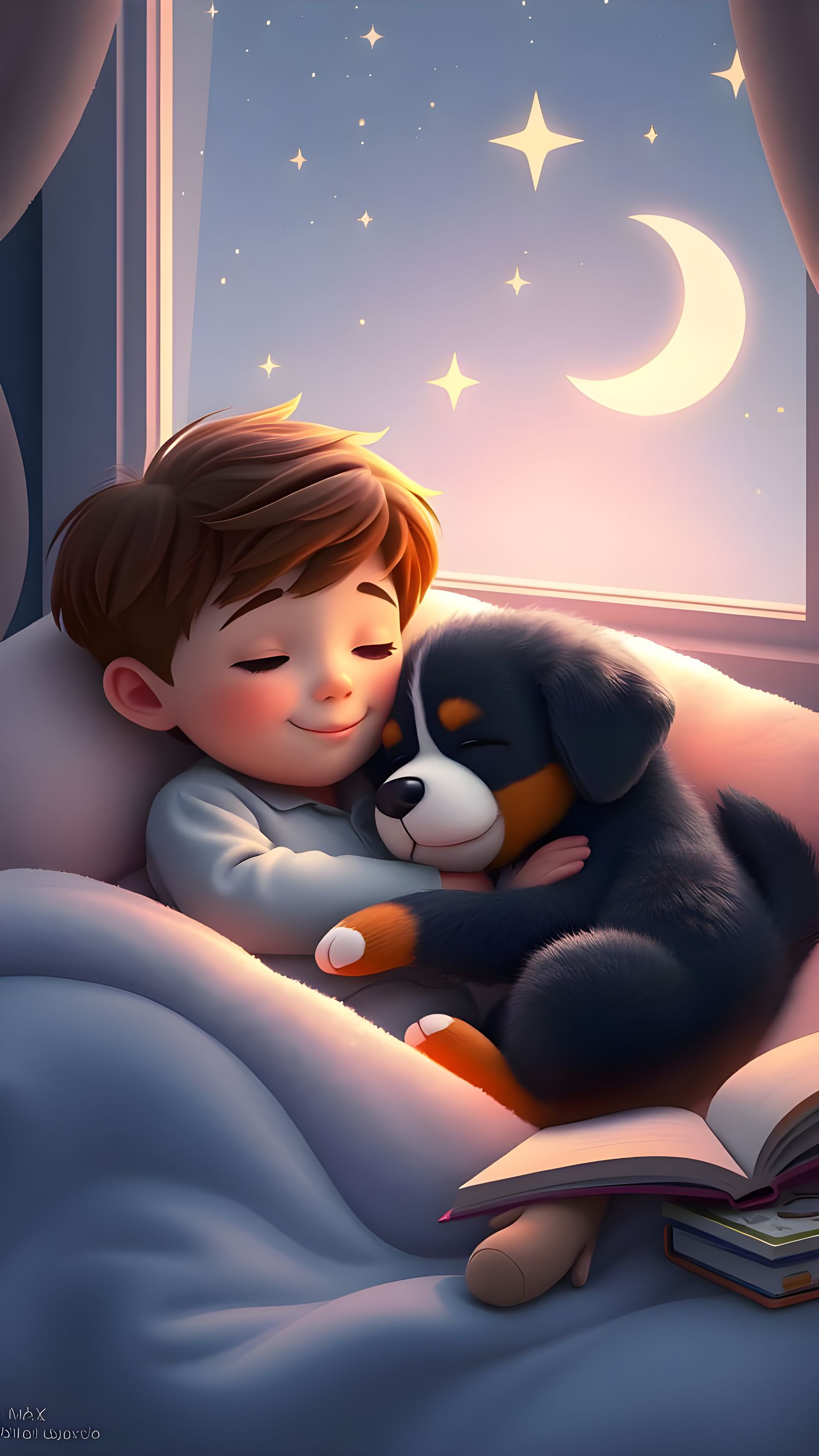 Heartwarming Bedtime Scene: Boy and Bernese Mountain Dog