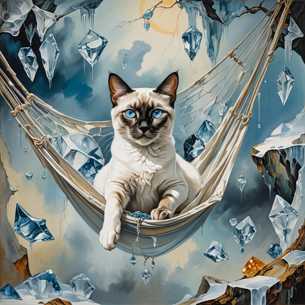 Siamese Cat in Hammock Above Icy Abyss