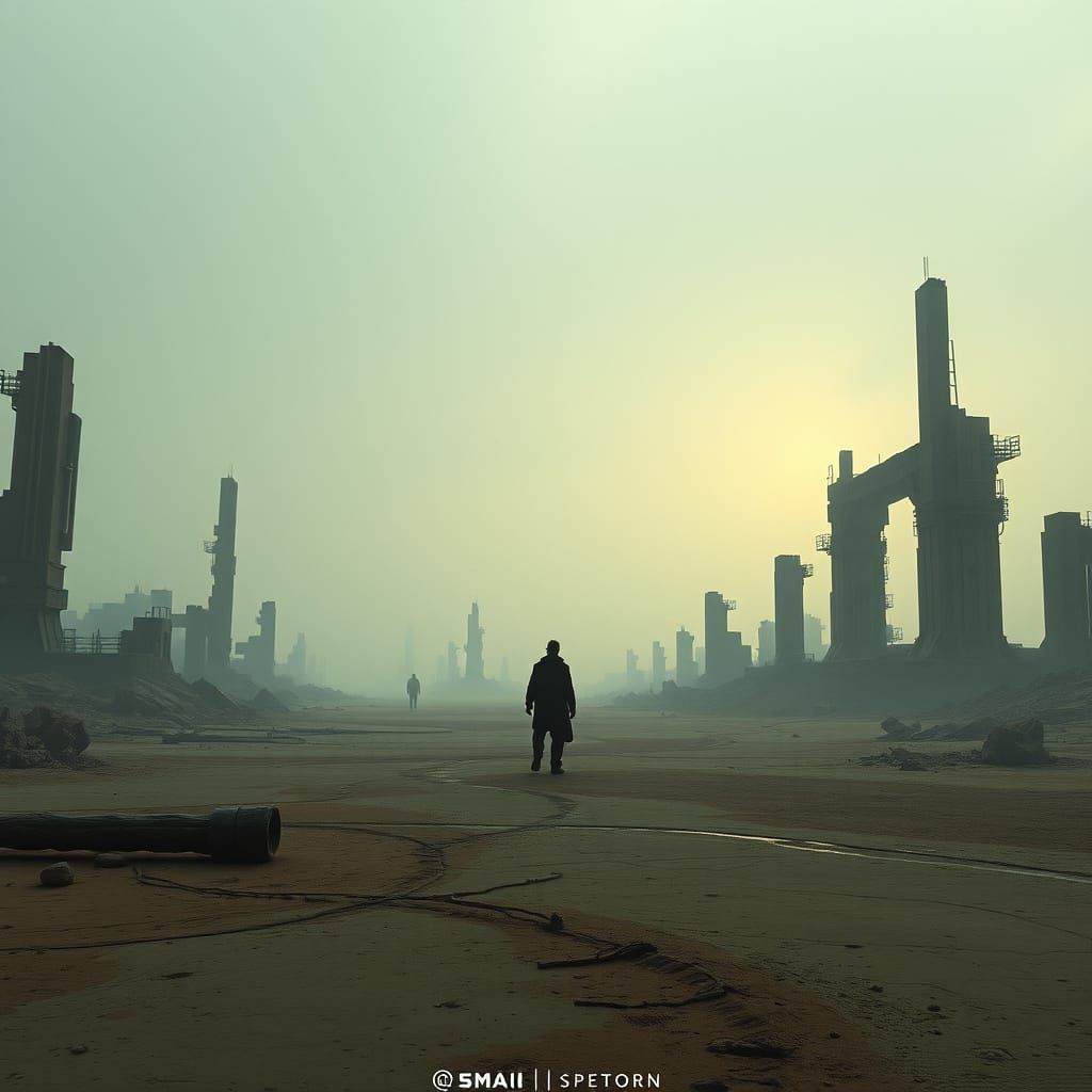 Post-Apocalyptic Figure in Desolate Landscape