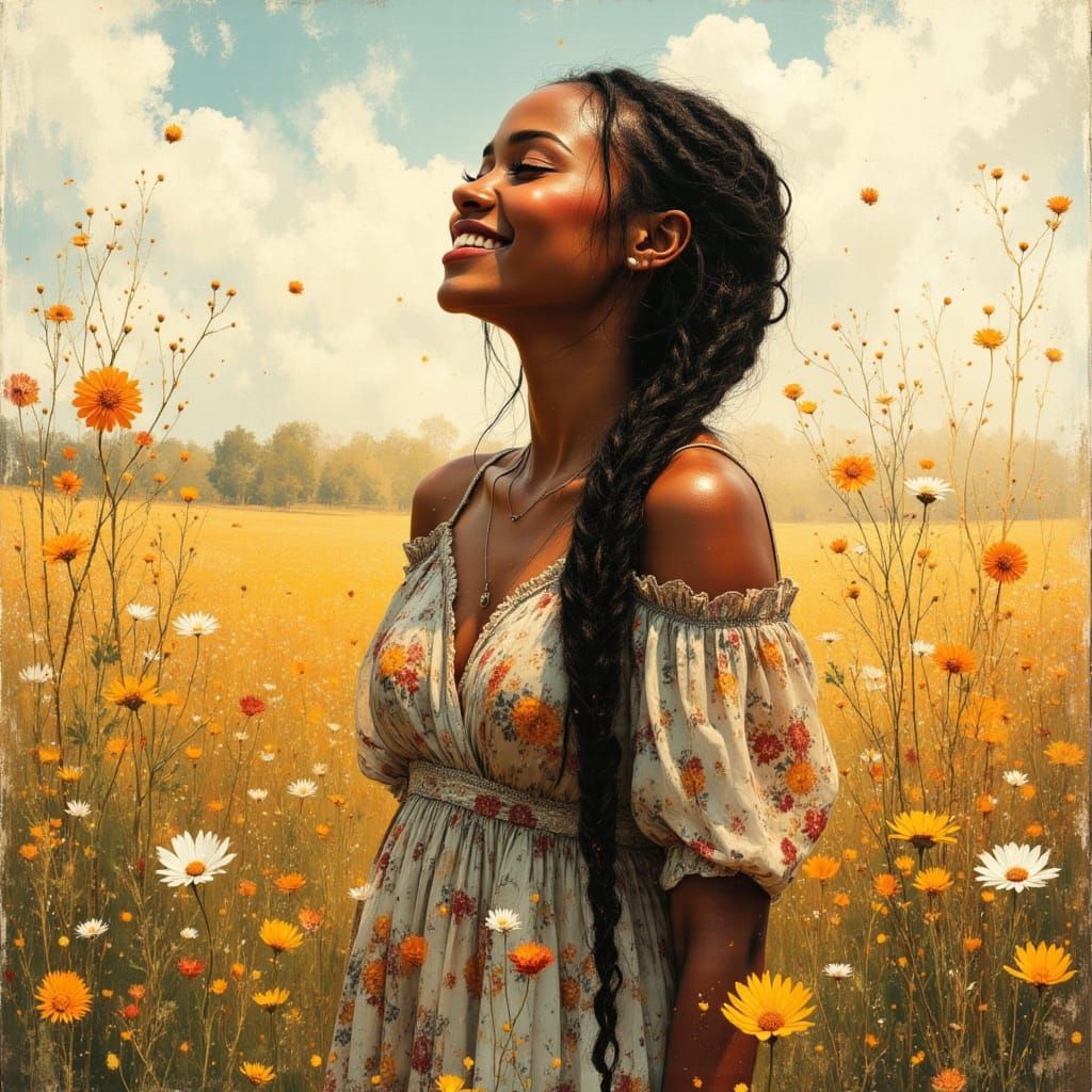 African American Woman in Wildflower Field, Golden Hour