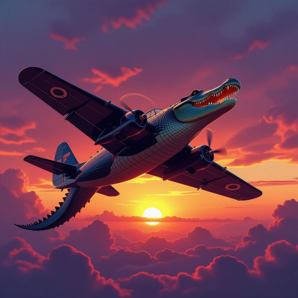 Crocodile Biplane Soaring Through Sunset Sky