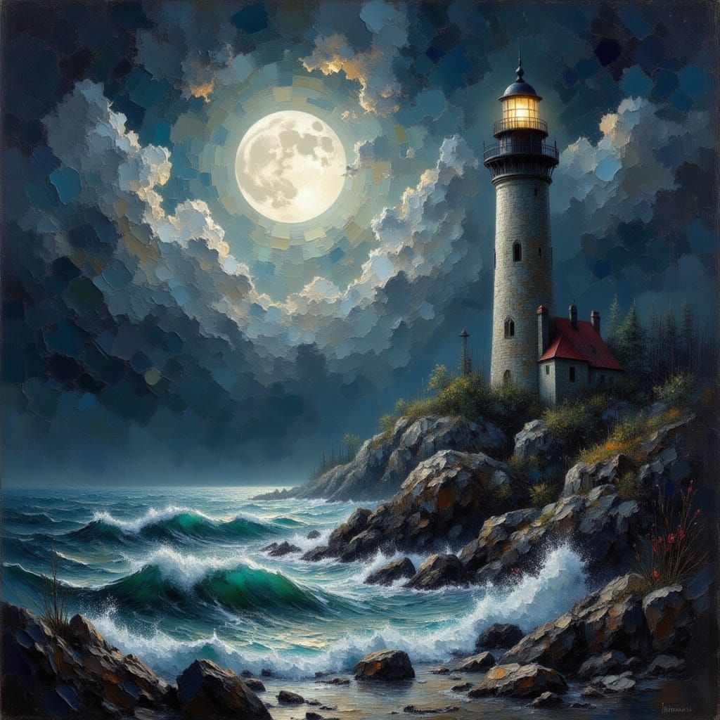 Majestic Lighthouse Under Moonlight in Atmospheric Style