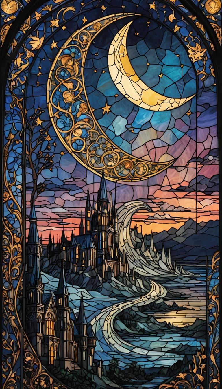 Crescent Moon Stained Glass Etching Art