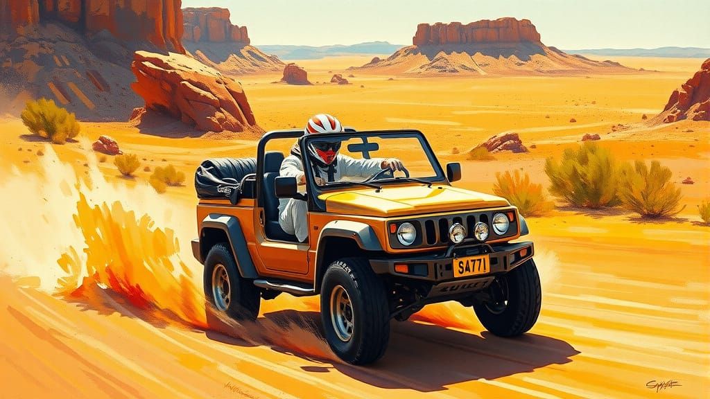 Suzuki 4x4 Cabrio Races Across Desert Landscape