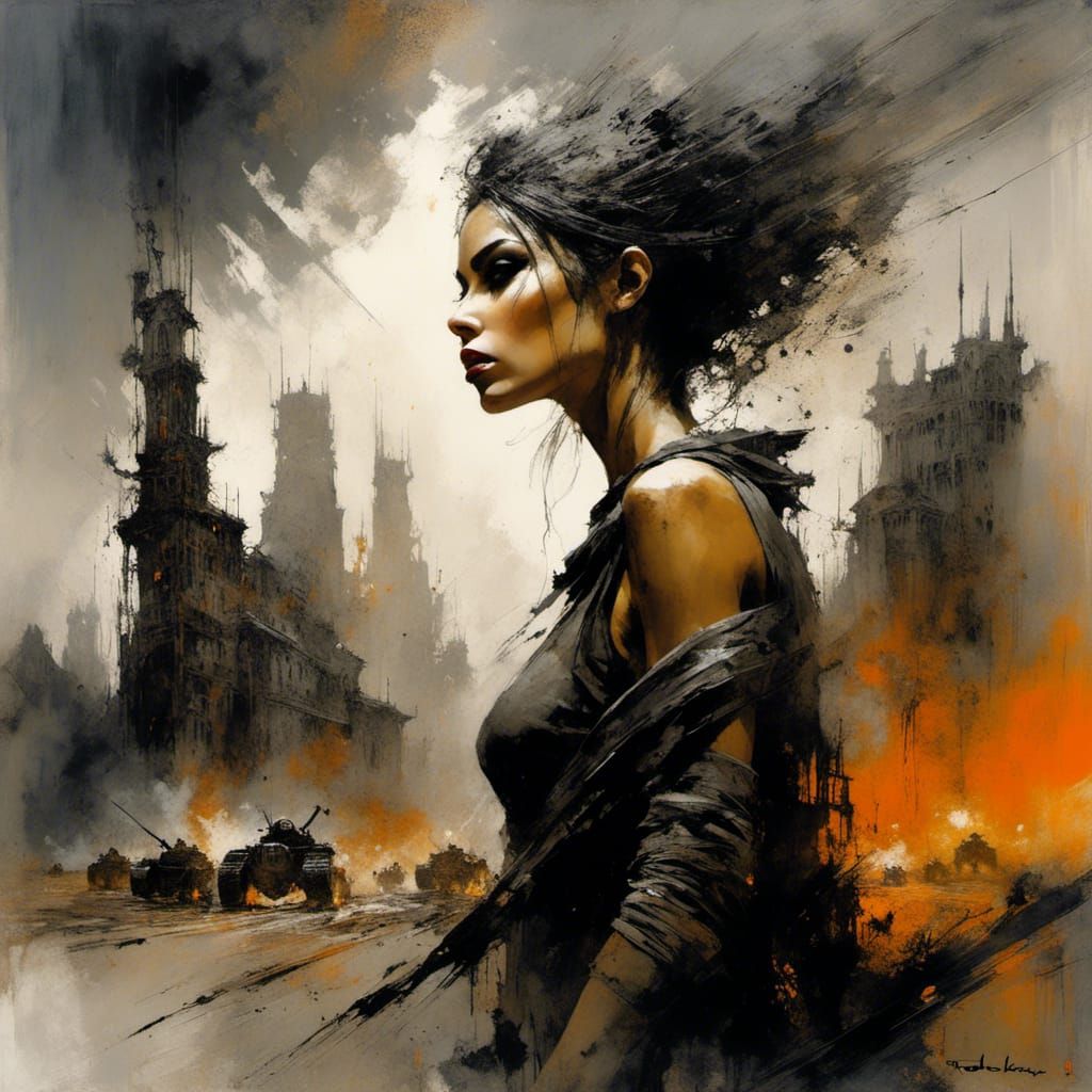 Resilient Woman in Post-Apocalyptic Cityscape