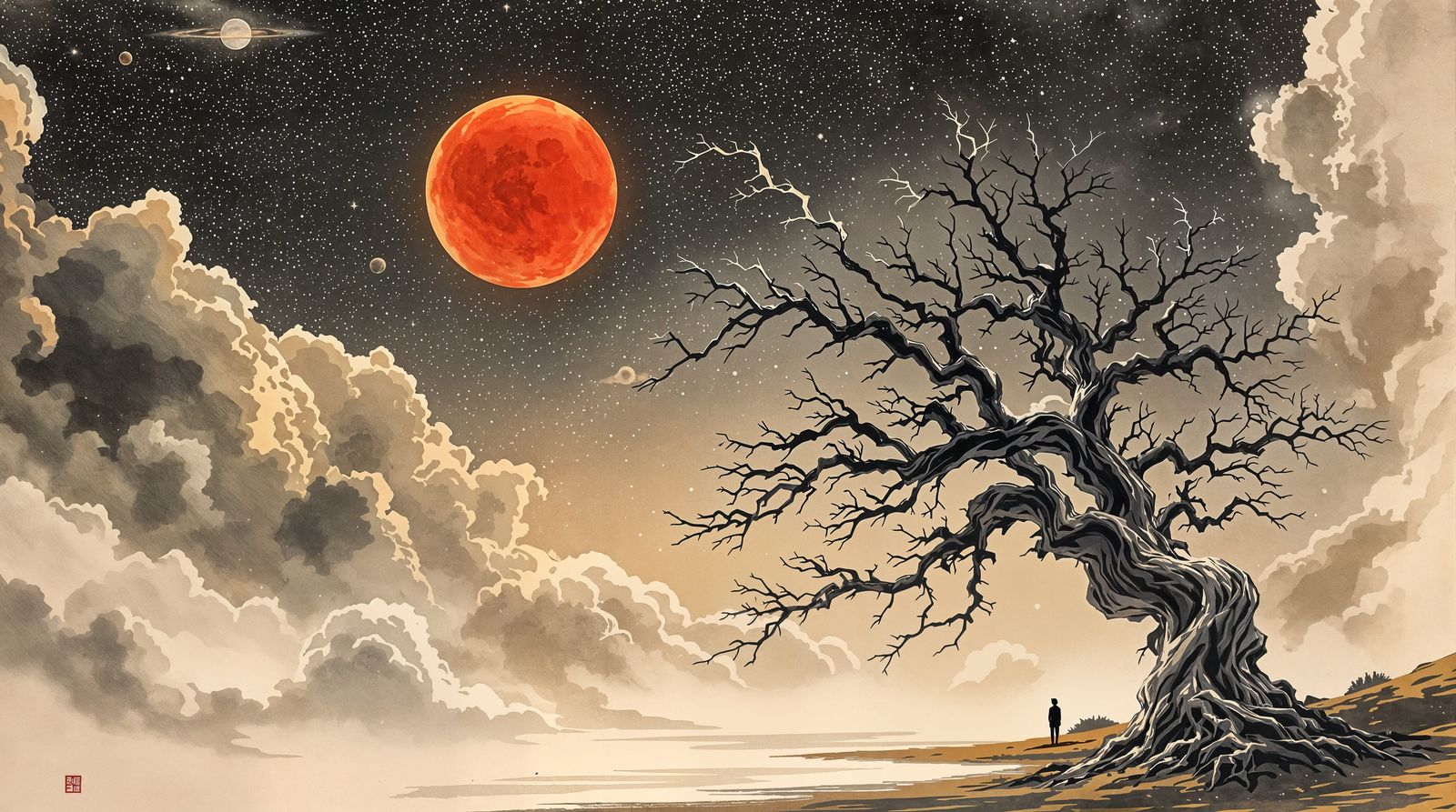 Ancient Tree Under Cosmic Skies in Chinese Ink Painting Styl...