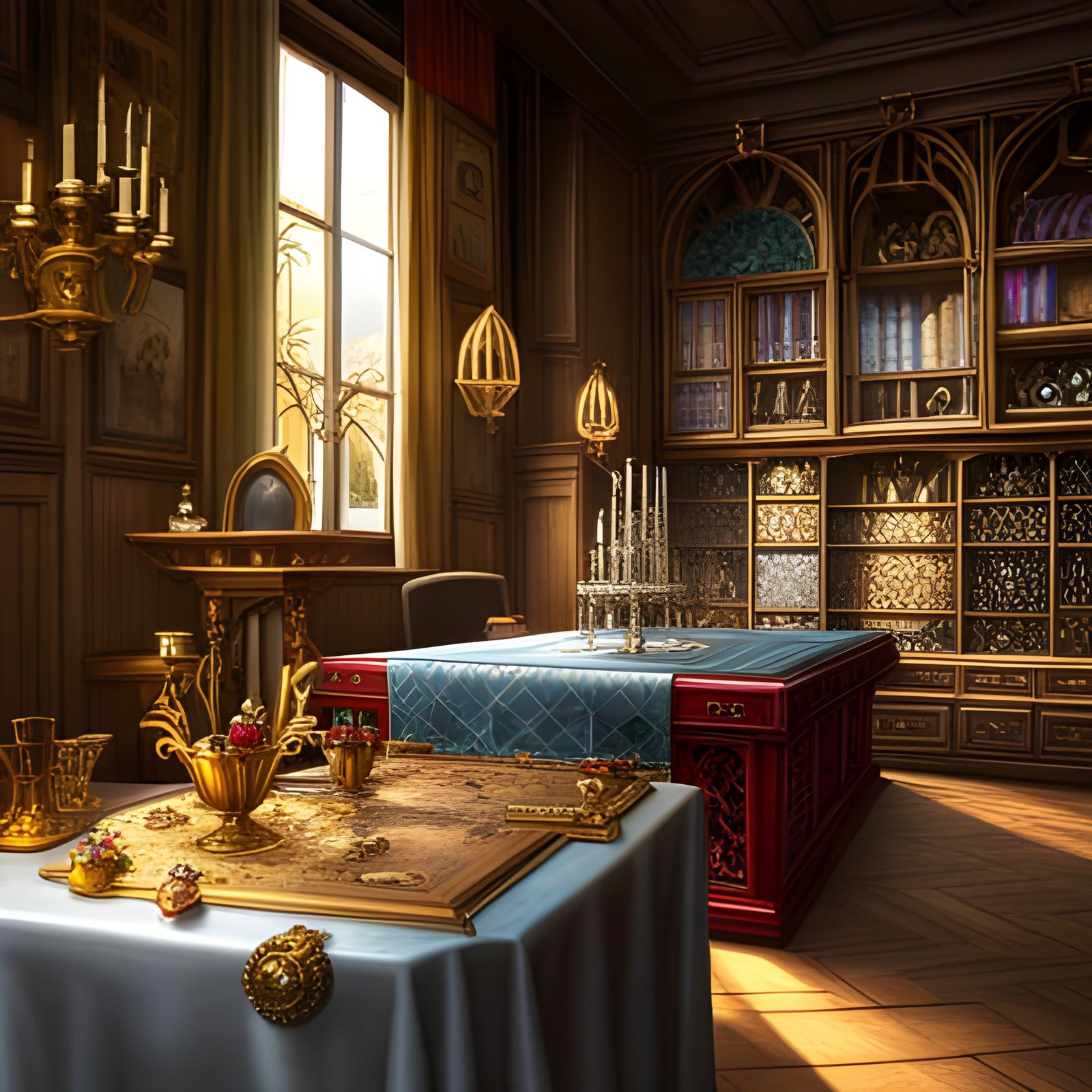 Medieval Shop Table Covered in Jewels, Hyperrealistic Art