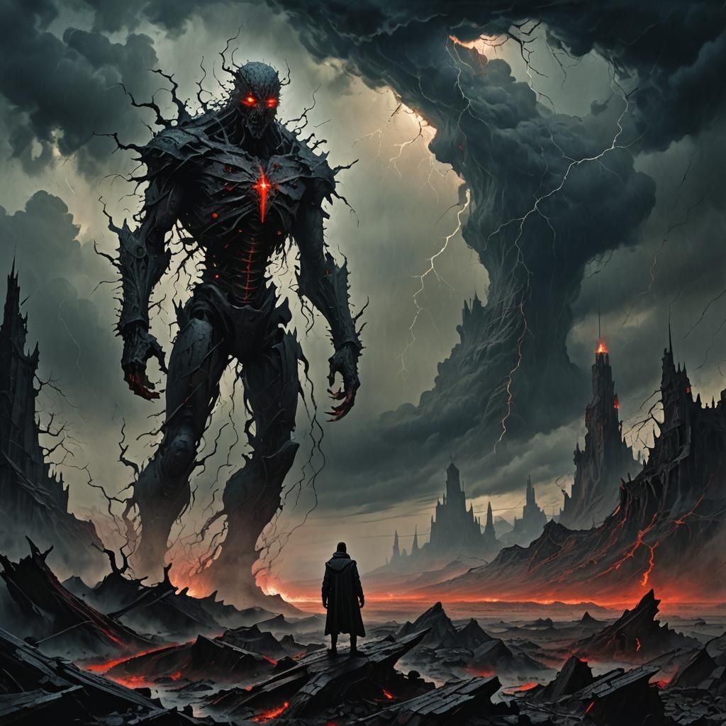 Towering Dark Fantasy Figure in Desolate Landscape