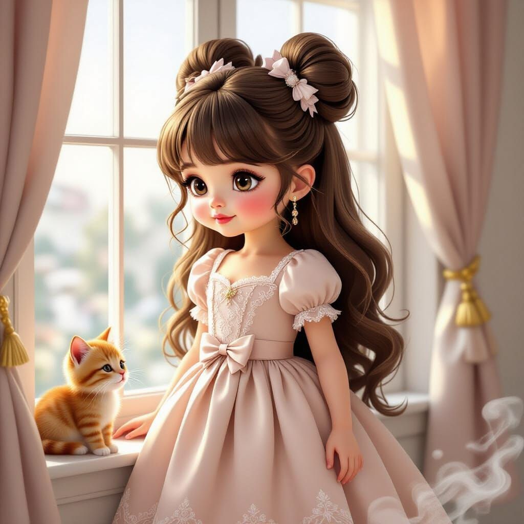 Cute Cartoon Baby with Kitten and Buns
