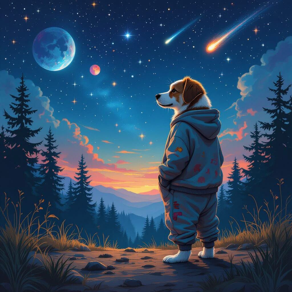 Dog Contemplates Universe in Digital Art Style