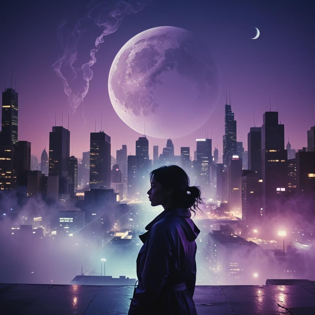Woman Silhouette and Fantasy Cityscape with Double Moon