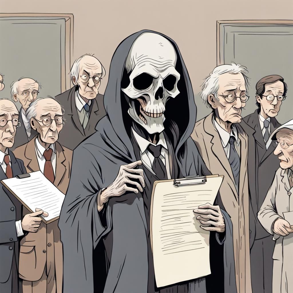 Grim Reaper: Bumbling Bureaucrat in Absurdist Illustration