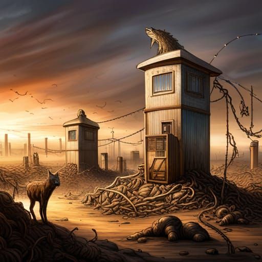Dystopian Barbed Wire Landscape with Monster Animals