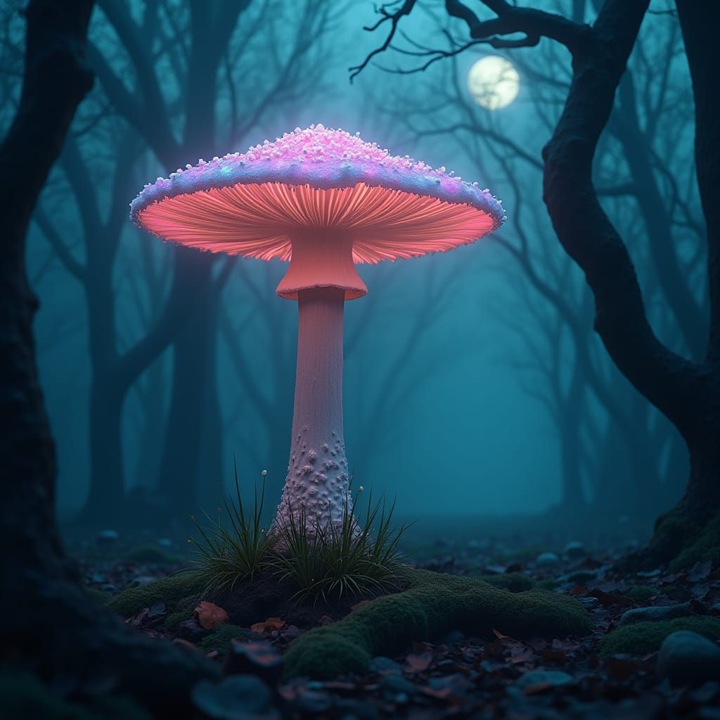 Ethereal Bioluminescent Giant Mushroom in Moonlit Forest
