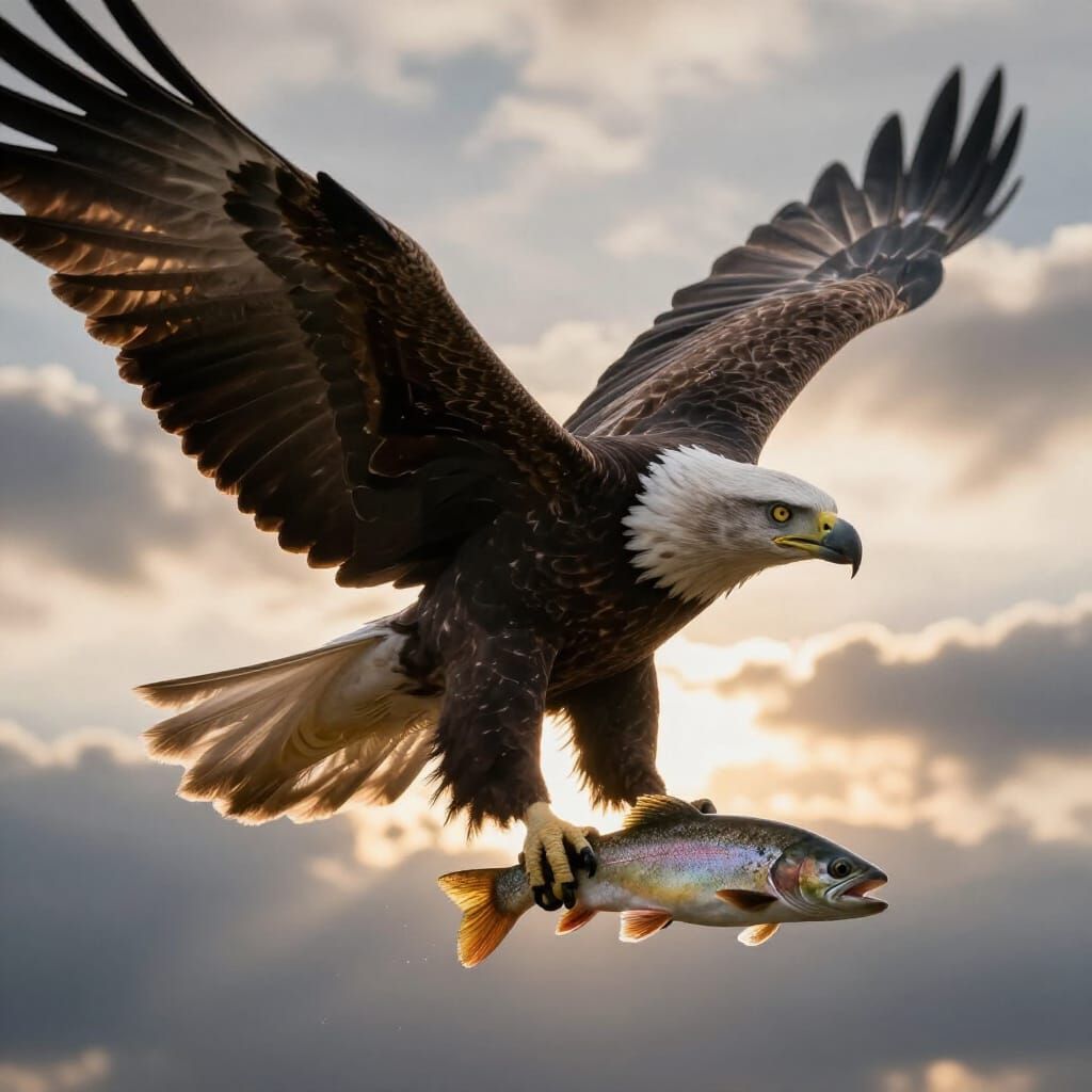Majestic Eagle Gripping Trout in Dramatic Sky