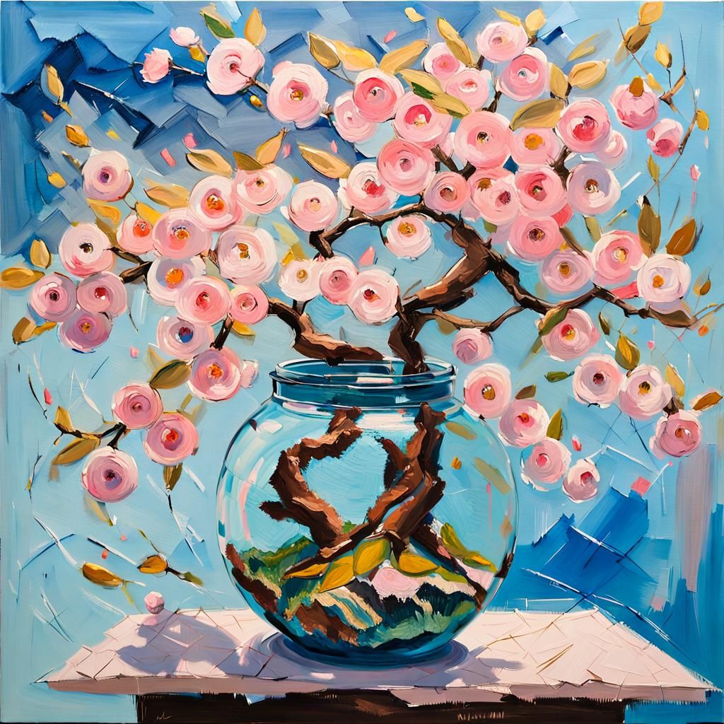 Cherry Blossoms in Terrarium: Impasto Oil Painting