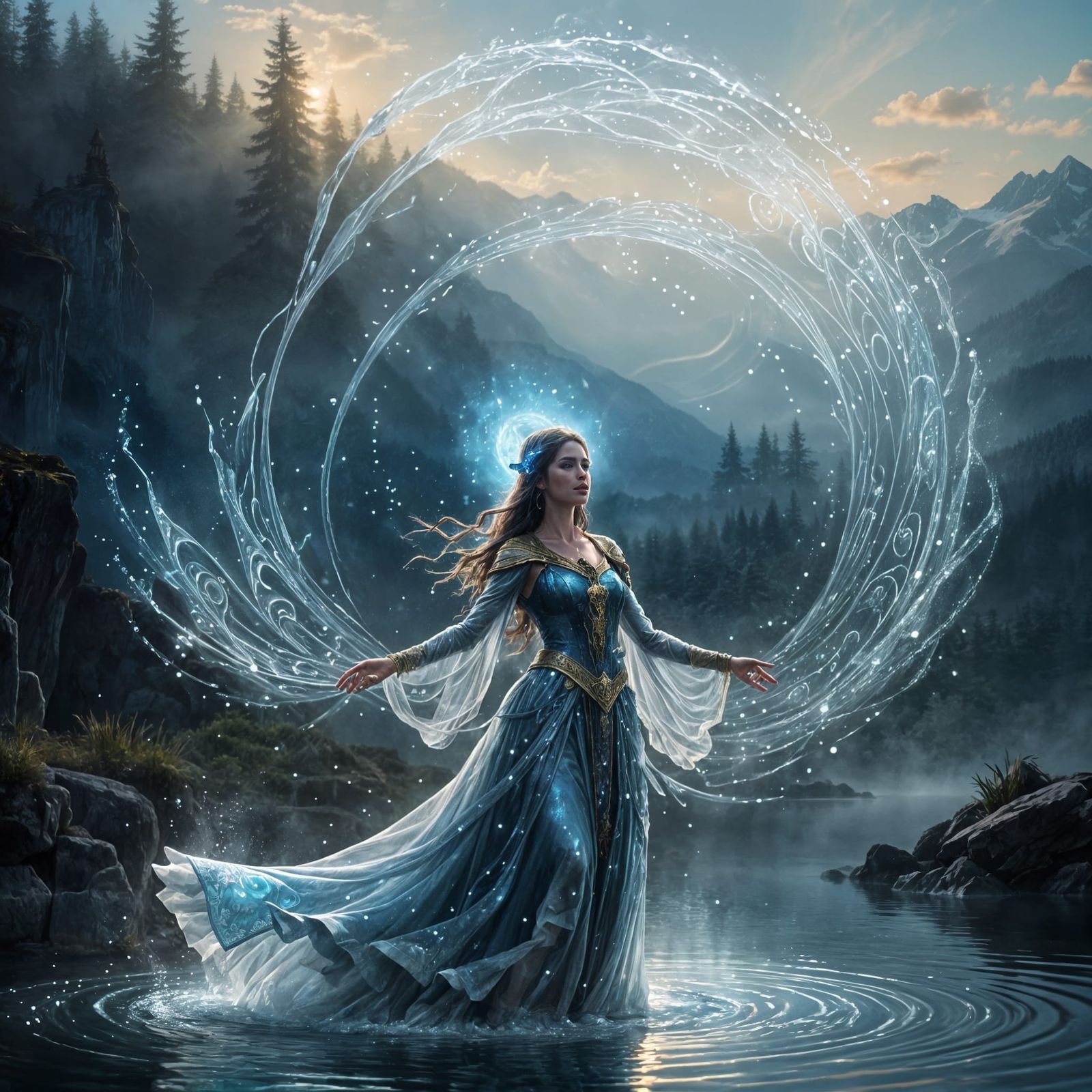 Sorceress Performing Water Magic in Ethereal Fantasy