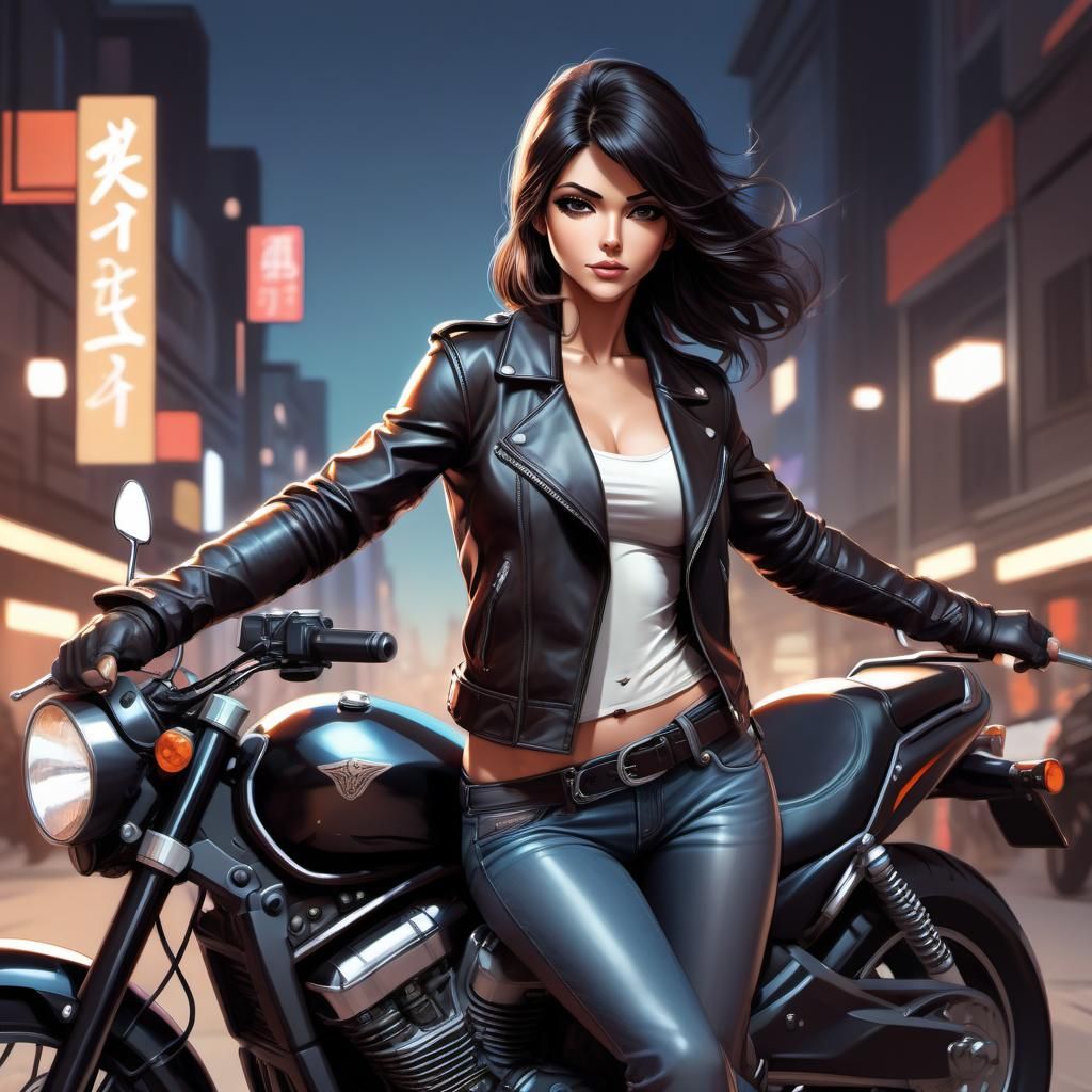 Alluring Woman on Motorcycle in Anime Style