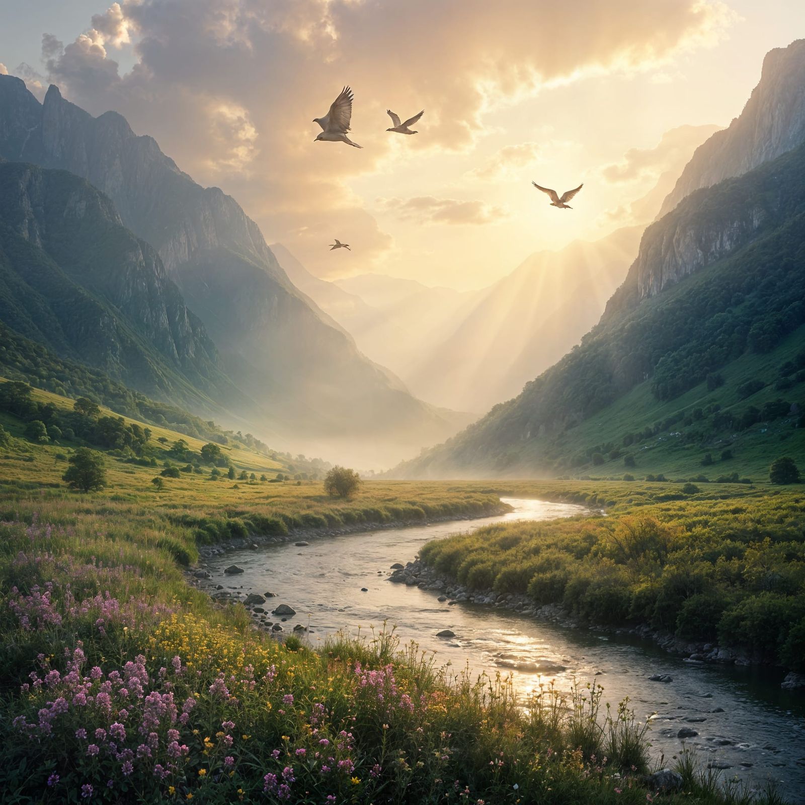 Peaceful Mountain Sunrise with Heavenly Glow