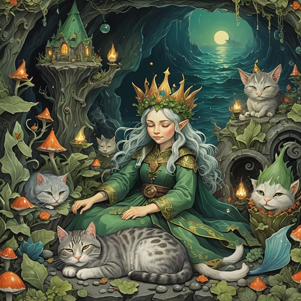 Gnome Queen Asleep with Cat in Deep Ocean Fire